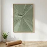 Textured abstract hand-painted canvas with radiating linear brushstrokes in soft sage and cream tones, contemporary living space