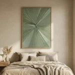 Textured abstract hand-painted canvas with radiating brushstrokes in sage green and cream tones, modern bedroom