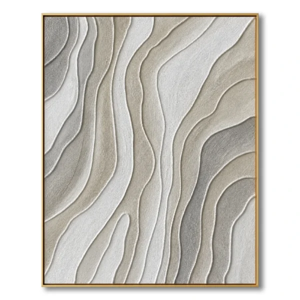Textured painting of parallel beige-grey-tan ridge lines in a topographic pattern, gold thin frame