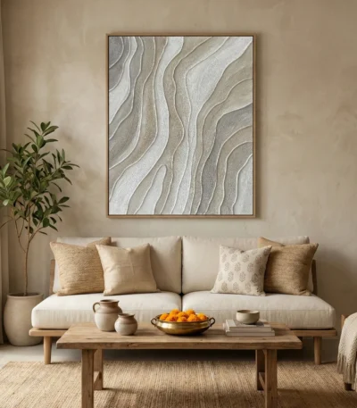 Textured abstract hand-painted canvas with flowing wavy lines in cream and soft taupe tones, contemporary living space
