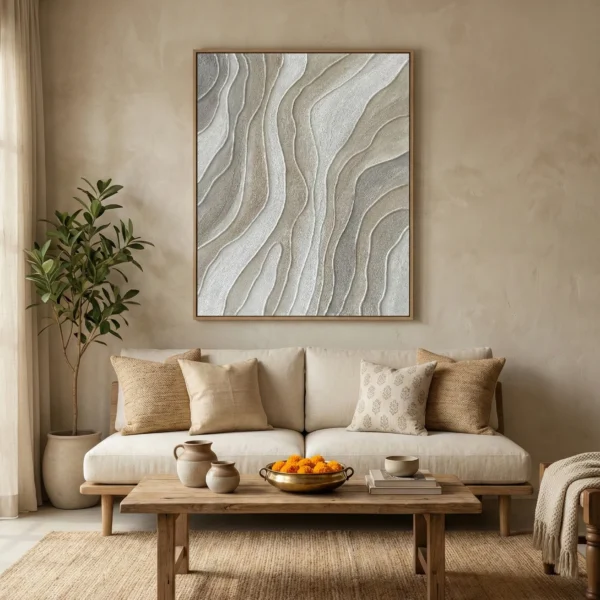 Textured abstract hand-painted canvas with flowing wavy lines in cream and soft taupe tones, contemporary living space