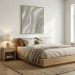 Textured abstract hand-painted canvas with layered cream and taupe wave patterns, modern bedroom