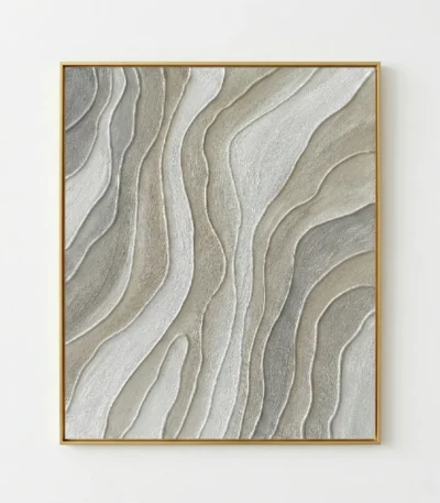 Textured abstract hand-painted canvas with layered cream and taupe organic wave patterns, contemporary living space
