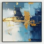 Layered abstract hand-painted canvas in navy, gold, and sky blue with gestural brushstrokes and textured impasto detailing