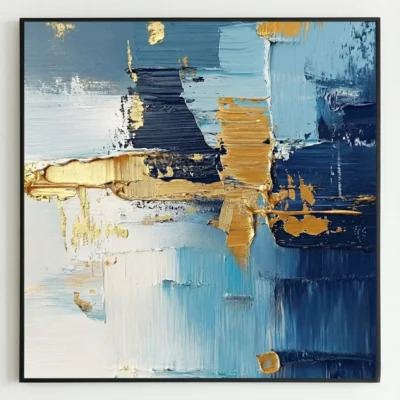 Layered abstract hand-painted canvas in navy, gold, and sky blue with gestural brushstrokes and textured impasto detailing