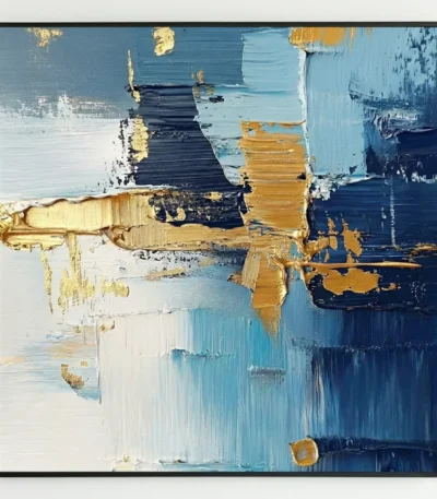 Layered abstract hand-painted canvas in navy, gold, and sky blue with gestural brushstrokes and textured impasto detailing