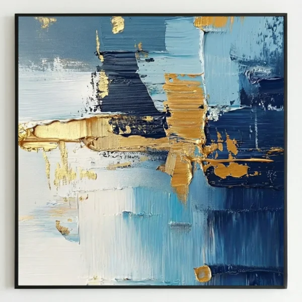 Layered abstract hand-painted canvas in navy, gold, and sky blue with gestural brushstrokes and textured impasto detailing