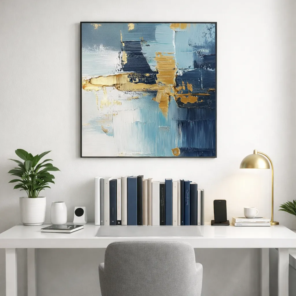 Sapphire Drift – Oceanic Palette Knife Wall Decor abstract wall art (4) Layered abstract hand-painted canvas in soft blues, golds, and navy with gestural brushstrokes, styled in a contemporary workspace