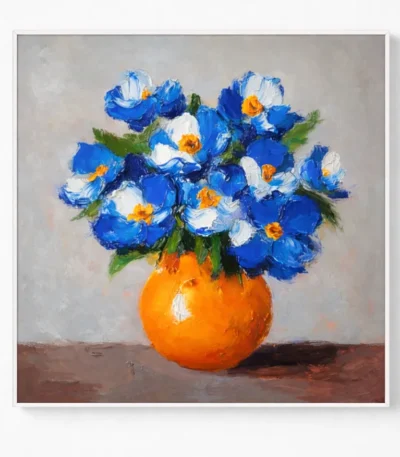 Gestural impressionist hand-painted canvas of blue and white flowers with golden centers in vibrant orange vase
