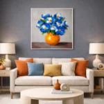 Contemporary hand-painted canvas of vibrant blue flowers with golden centers in orange vase, neutral palette, modern living space