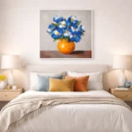 Impressionist hand-painted canvas of blue and white flowers in golden vase, warm neutral palette, modern bedroom
