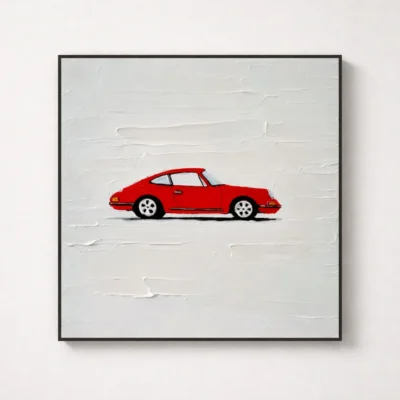 Minimalist hand-painted canvas featuring a vibrant red sports car against textured white brushstrokes, contemporary living space