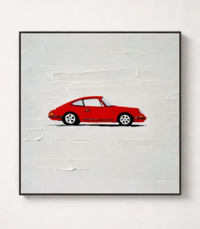 Minimalist hand-painted canvas featuring a vibrant red sports car against textured white brushstrokes, contemporary living space