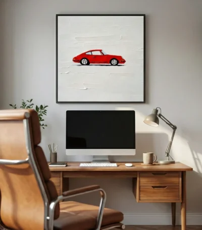 Minimalist hand-painted canvas depicting a red sports car in profile against cream textured background, contemporary workspace