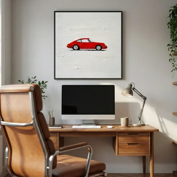 Minimalist hand-painted canvas depicting a red sports car in profile against cream textured background, contemporary workspace
