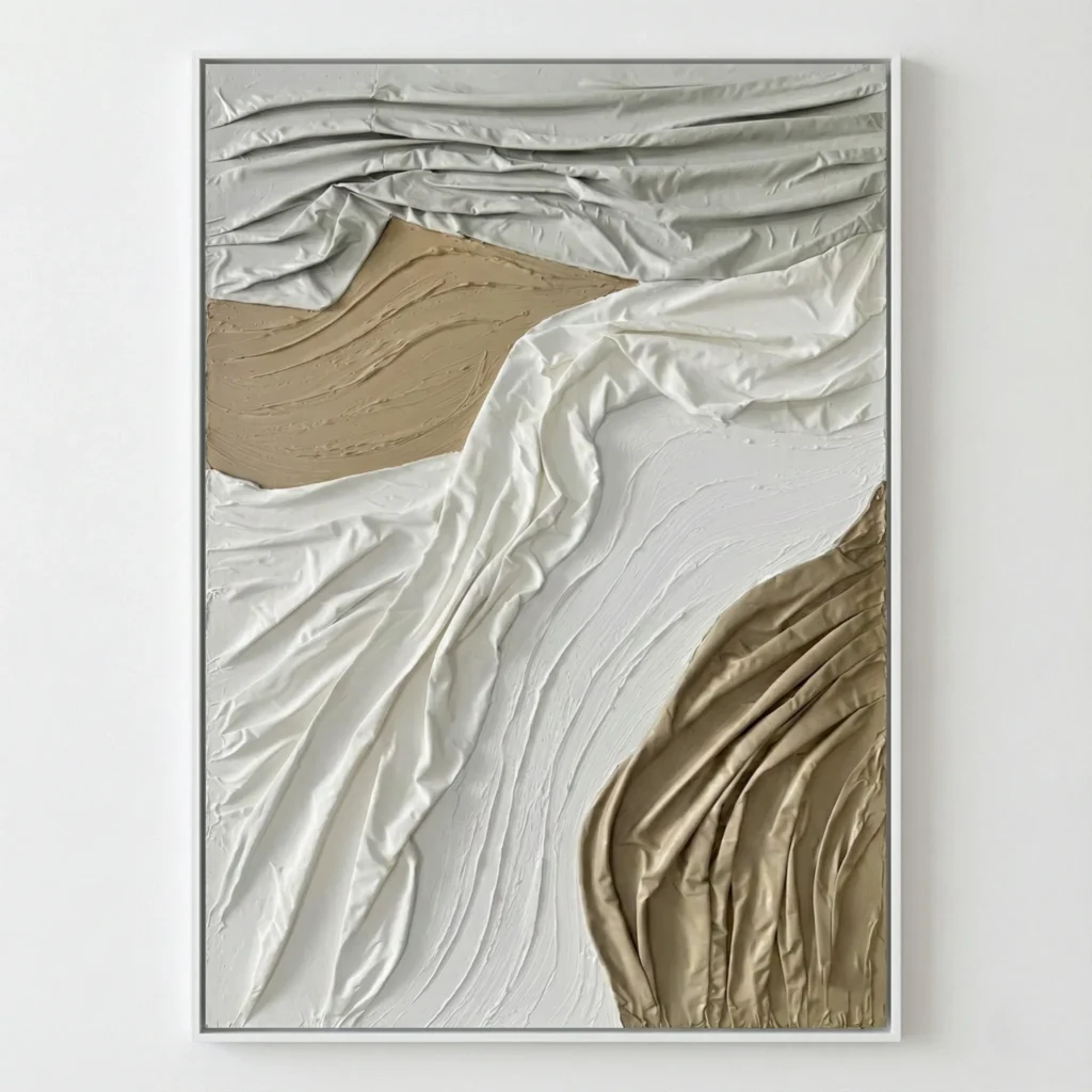 Textured abstract hand-painted canvas in layered cream, white, and taupe brushstrokes with organic flowing movement