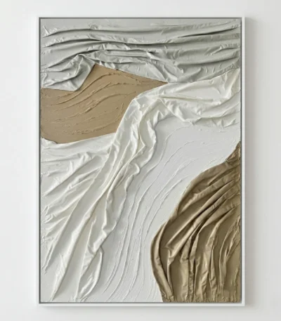 Textured abstract hand-painted canvas in layered cream, white, and taupe brushstrokes with organic flowing movement