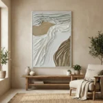 Textured abstract hand-painted canvas in cream, taupe, and white with layered gestural brushstrokes, contemporary living space