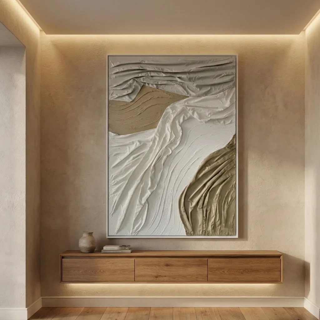 Textured abstract hand-painted canvas with flowing organic forms in cream, taupe, and bronze tones, contemporary entryway