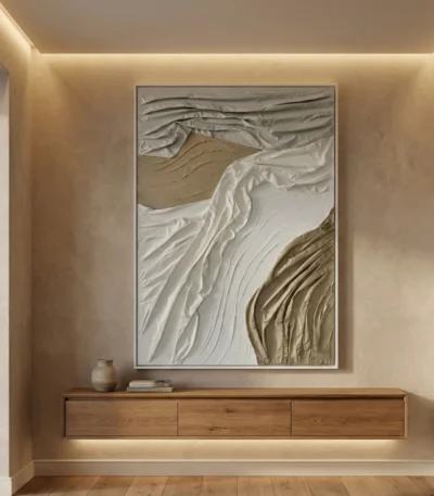Textured abstract hand-painted canvas with flowing organic forms in cream, taupe, and bronze tones, contemporary entryway