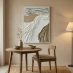 Textured abstract hand-painted canvas in cream, taupe, and bronze with layered gestural brushwork, contemporary dining space