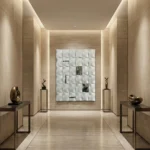 Textured abstract hand-painted canvas in quilted white relief with mirrored panel details, cream and neutral palette, contemporary gallery setting