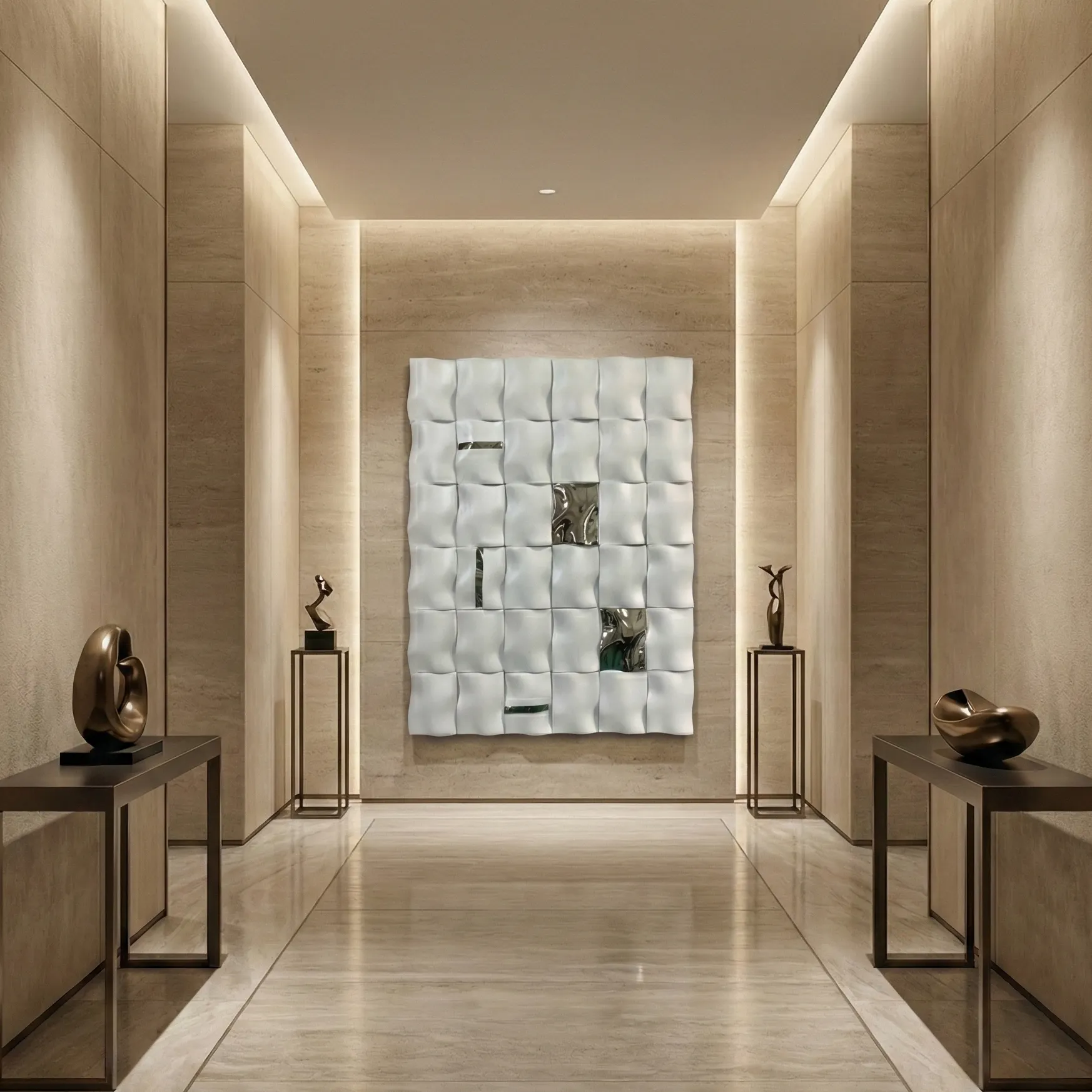 Sculpted White Ripple Grid – Abstract Textured Wall Decor (2) Textured abstract hand-painted canvas in quilted white relief with mirrored panel details, cream and neutral palette, contemporary gallery setting