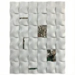 Textured abstract hand-painted canvas in cream and taupe with polished metallic mirror tile accents, contemporary interior
