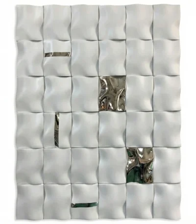 Textured abstract hand-painted canvas in cream and taupe with polished metallic mirror tile accents, contemporary interior