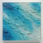 Textured abstract hand-painted canvas in layered turquoise and cream tones with gestural brushwork, contemporary living space