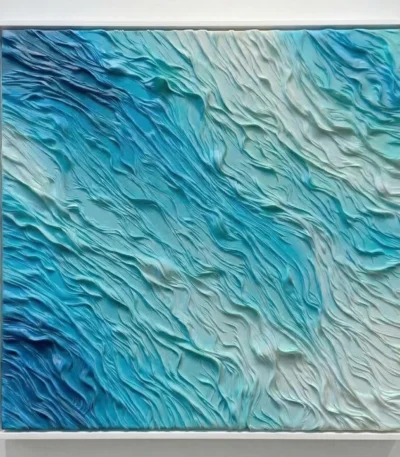 Textured abstract hand-painted canvas in layered turquoise and cream tones with gestural brushwork, contemporary living space