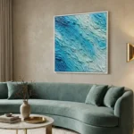 Textured abstract hand-painted canvas in layered turquoise and seafoam tones, contemporary living space