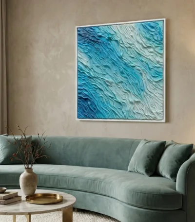 Textured abstract hand-painted canvas in layered turquoise and seafoam tones, contemporary living space