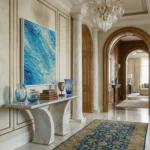 Gestural abstract hand-painted canvas depicting flowing water in layered blues and whites, luxury foyer