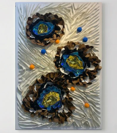Textured contemporary wall art featuring three dimensional flower forms with golden gemstone centers, layered in browns, blues and creams with scattered colored spheres