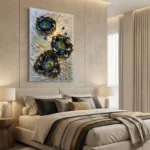 Textured contemporary wall art featuring layered floral motifs with bronze petals, blue centers, and cream striped background, modern bedroom