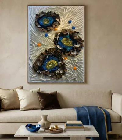 Textured abstract hand-painted canvas featuring layered floral forms in deep browns and blues with golden centers, contemporary living space