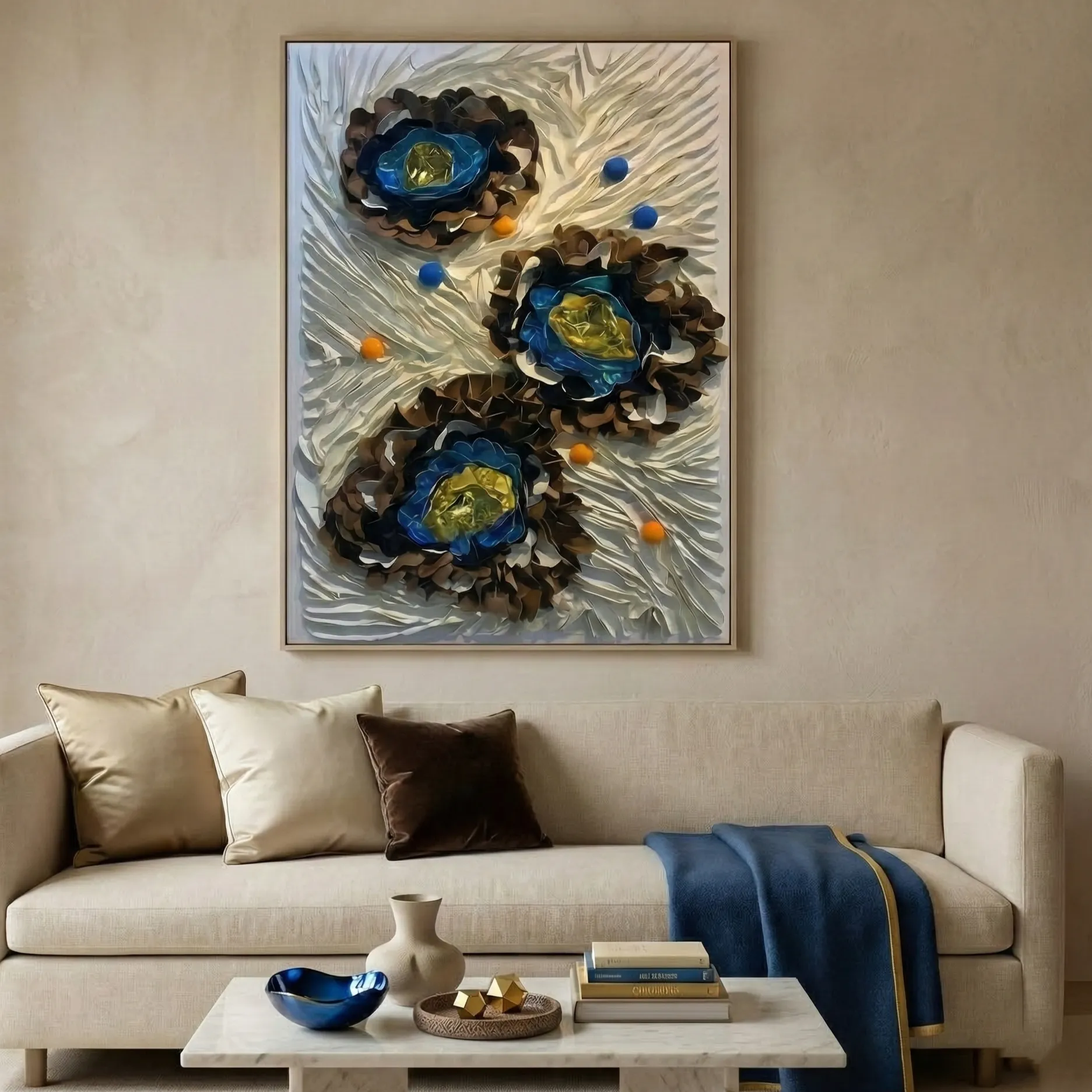 Sculptural Organic Flora – Abstract Textured Wall Decor (5) Textured abstract hand-painted canvas featuring layered floral forms in deep browns and blues with golden centers, contemporary living space