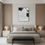 Minimalist monochrome hand-painted canvas depicting abstract female profile in black and white gestural lines, modern bedroom