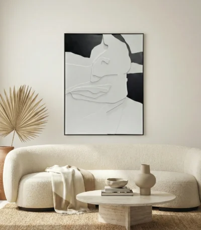 Minimalist hand-painted canvas with abstract linear profile in monochrome black and white, contemporary living space