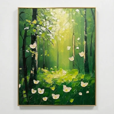 Impressionist hand-painted canvas depicting white wildflowers blooming in lush green forest, layered in luminous yellow-green and cream tones