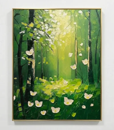 Impressionist hand-painted canvas depicting white wildflowers blooming in lush green forest, layered in luminous yellow-green and cream tones