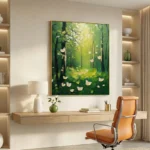 Impressionist hand-painted canvas depicting a sunlit forest glade with white wildflowers and verdant trees in luminous greens and yellows, contemporary workspace