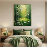 Impressionist hand-painted canvas depicting enchanted forest clearing with white flowering trees and falling petals in luminous greens and cream, modern bedroom