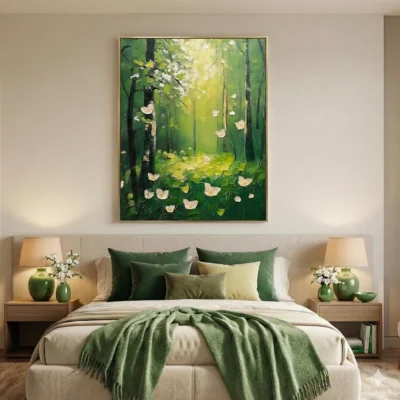Impressionist hand-painted canvas depicting enchanted forest clearing with white flowering trees and falling petals in luminous greens and cream, modern bedroom