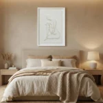 Minimalist hand-painted canvas depicting an abstract seated figure in soft white and cream tones, contemporary bedroom
