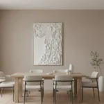 Textured abstract hand-painted canvas with layered white relief detailing and subtle tonal variations, dining space