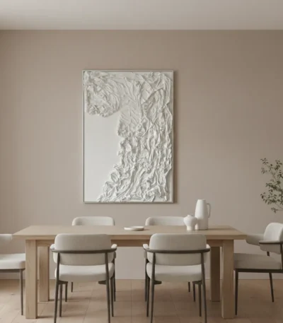 Textured abstract hand-painted canvas with layered white relief detailing and subtle tonal variations, dining space