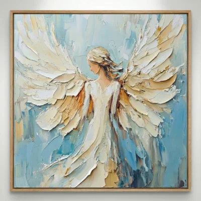 Textured contemporary hand-painted canvas depicting an angel figure with layered cream and gold wings against soft blue tones