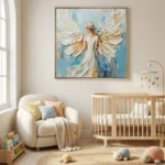 Textured figurative hand-painted canvas depicting an angel with layered cream and gold wings against soft blue tones, nursery setting
